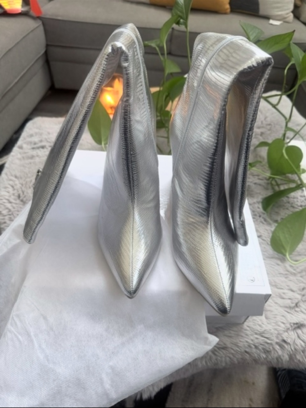 Silver Metallic Pointed Toe Mid-Calf Heel Boots - Women - Picture 6 of 7